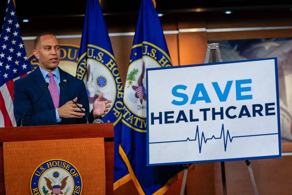 US House Democratic Leader Hakeem Jeffries speaks during a press conference at the US Capitol on Friday. Photo: Reuters US House Democratic Leader Hakeem Jeffries speaks during a press conference at the US Capitol on Friday. Photo: Reuters