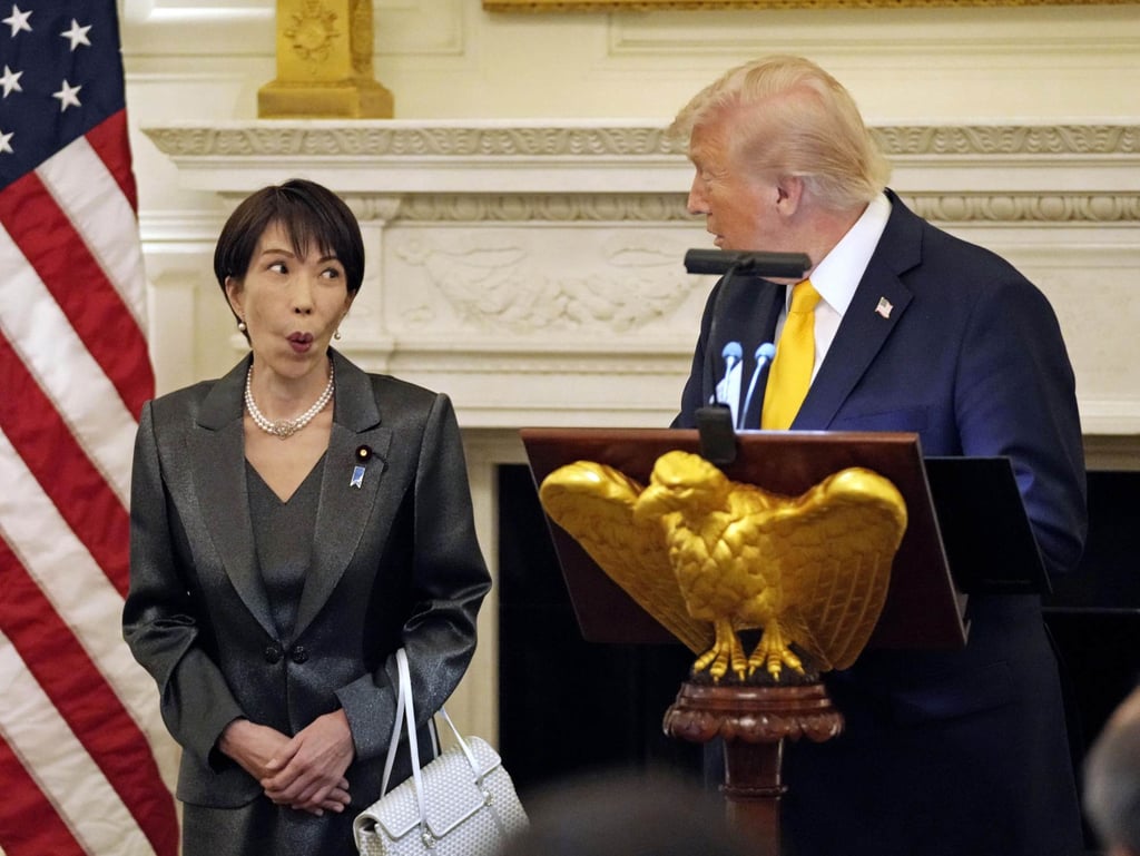 Japanese Prime Minister Sanae Takaichi and US President Donald Trump share a glance during remarks at a White House dinner on March 19. Photo: Kyodo Japanese Prime Minister Sanae Takaichi and US President Donald Trump share a glance during remarks at a White House dinner on March 19. Photo: Kyodo